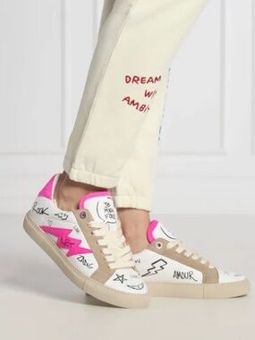 Zadig & Voltaire Graffiti Lightning Sneaker in White & Pink